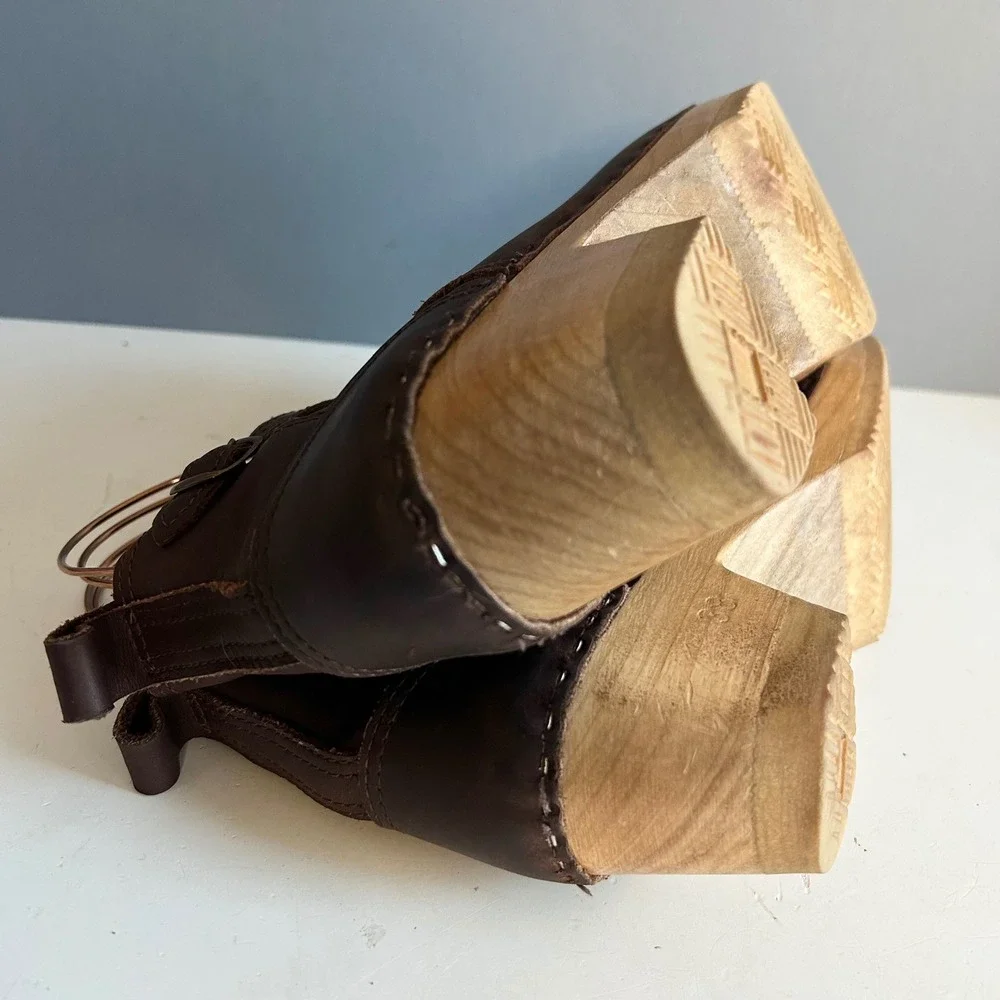 No 6 clog ankle boots size 8 / 38 brown Moto Leather Wood Heel Buckle Swedish - Picture 13 of 14